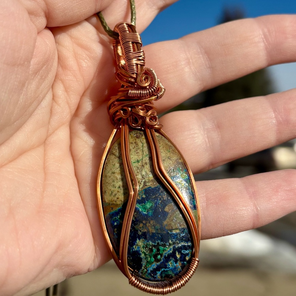 Handcrafted Copper Wire Wrapped Azurite Pendant